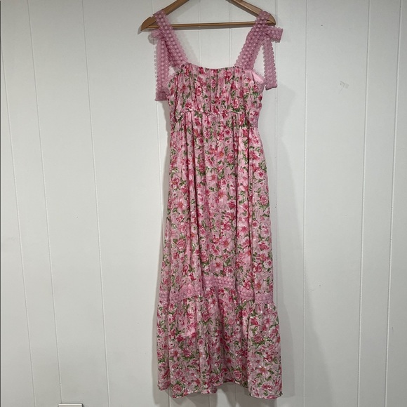 Blu Pepper Pink Floral Dress Cottagecore Lace Trim Feminine Romantic Summer M - Picture 3 of 10